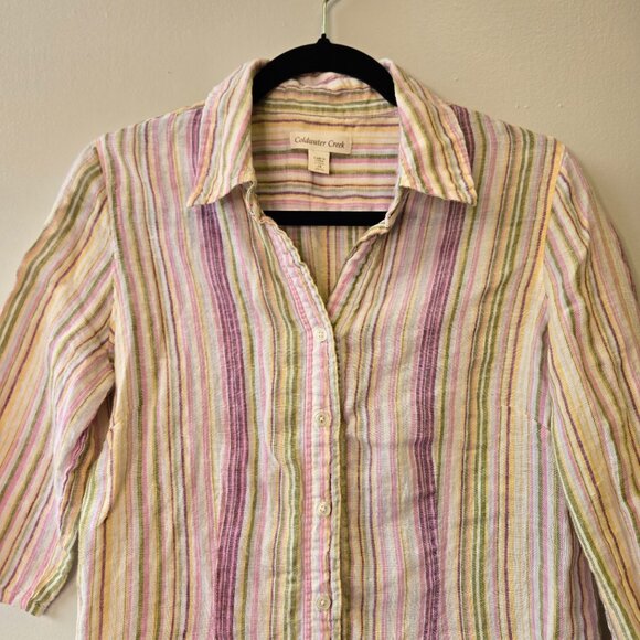 Coldwater Creek Beachy Coastal Grandma Striped Linen Blend Button-Up Shirt - M ( - Picture 4 of 11